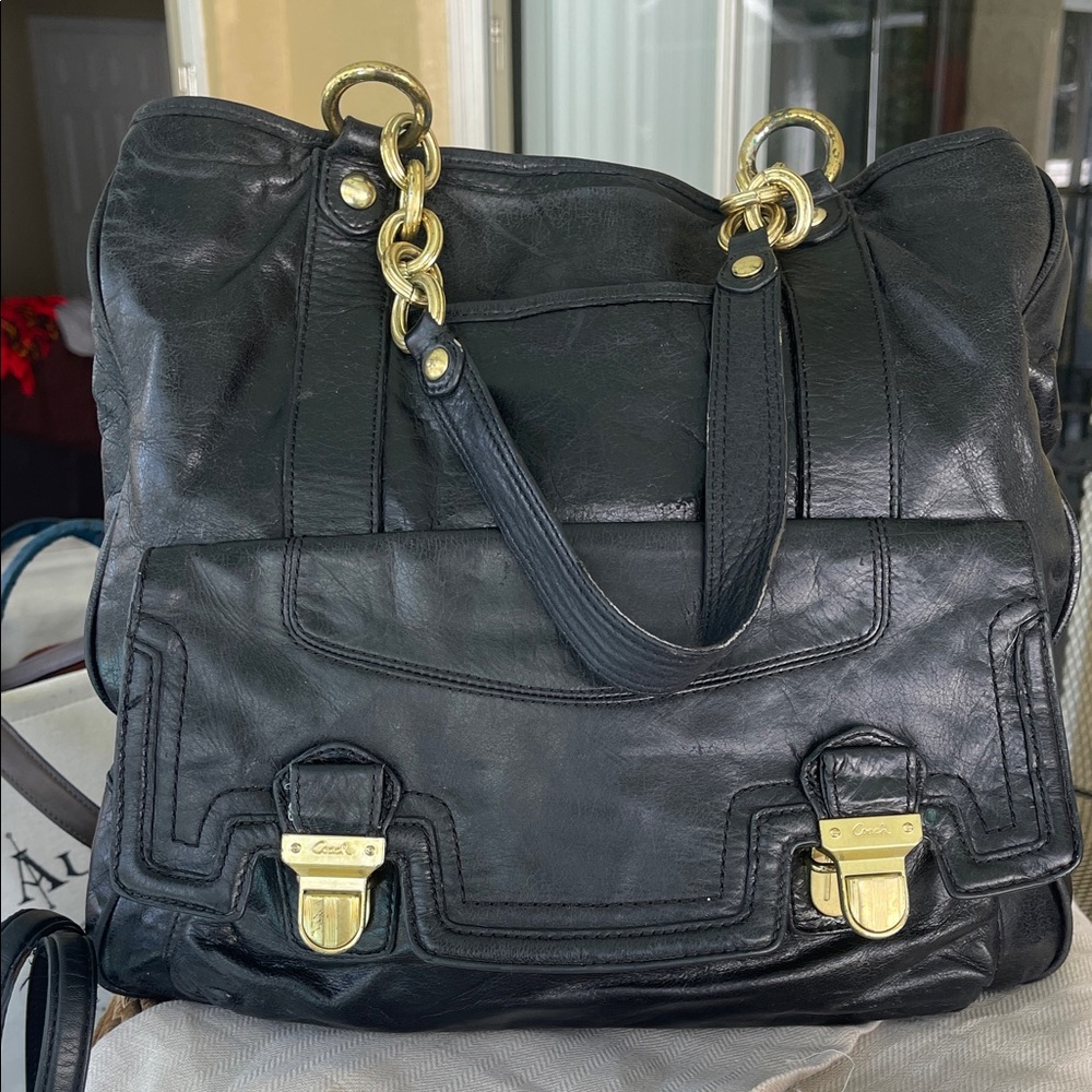 Coach Poppy Black Leather Shoulder Bag with Gold Hardware